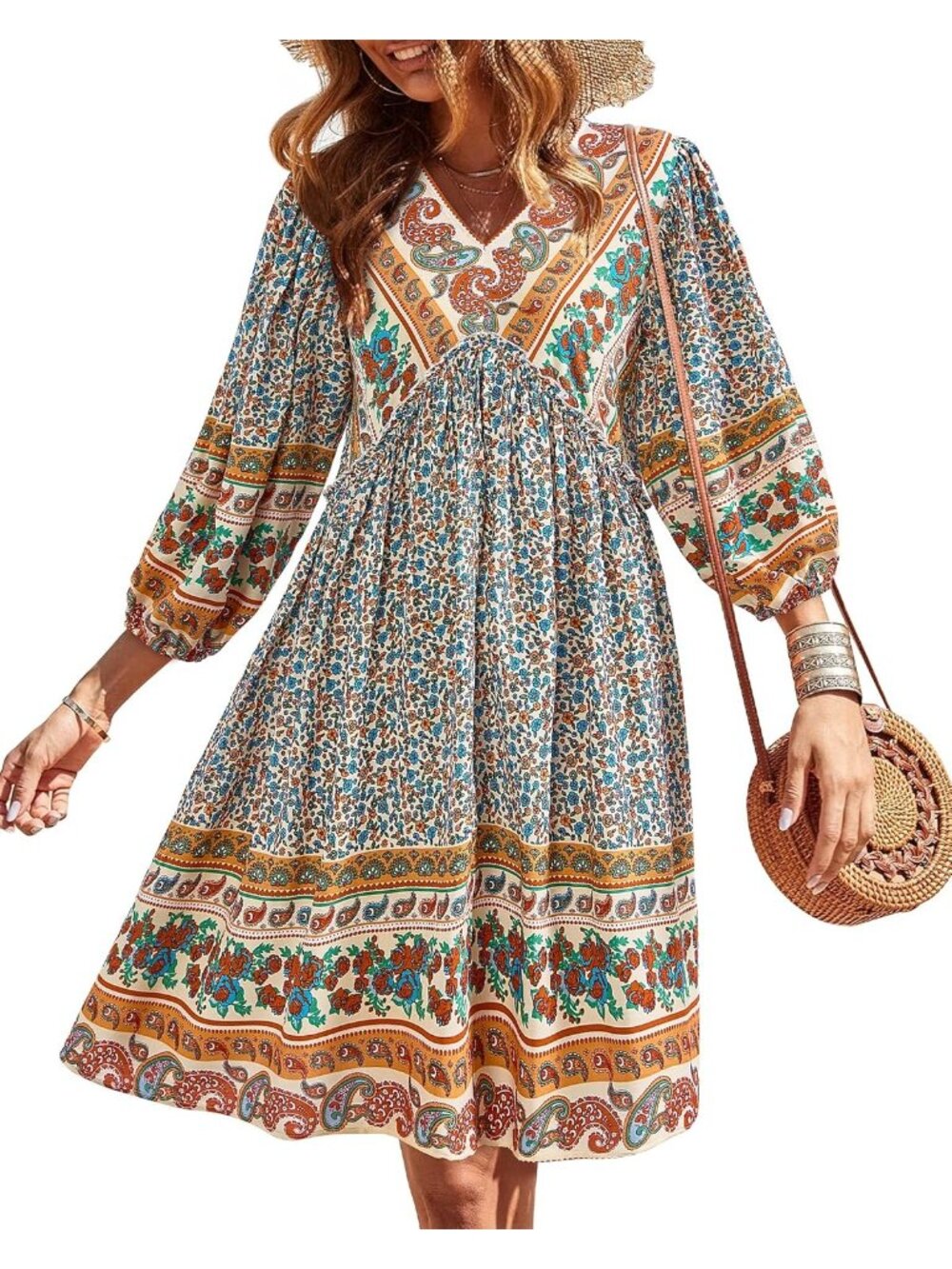 Women's Floral Brown Apricot 3/4 Long Sleeve V Neck Casual Mini Short Dress
